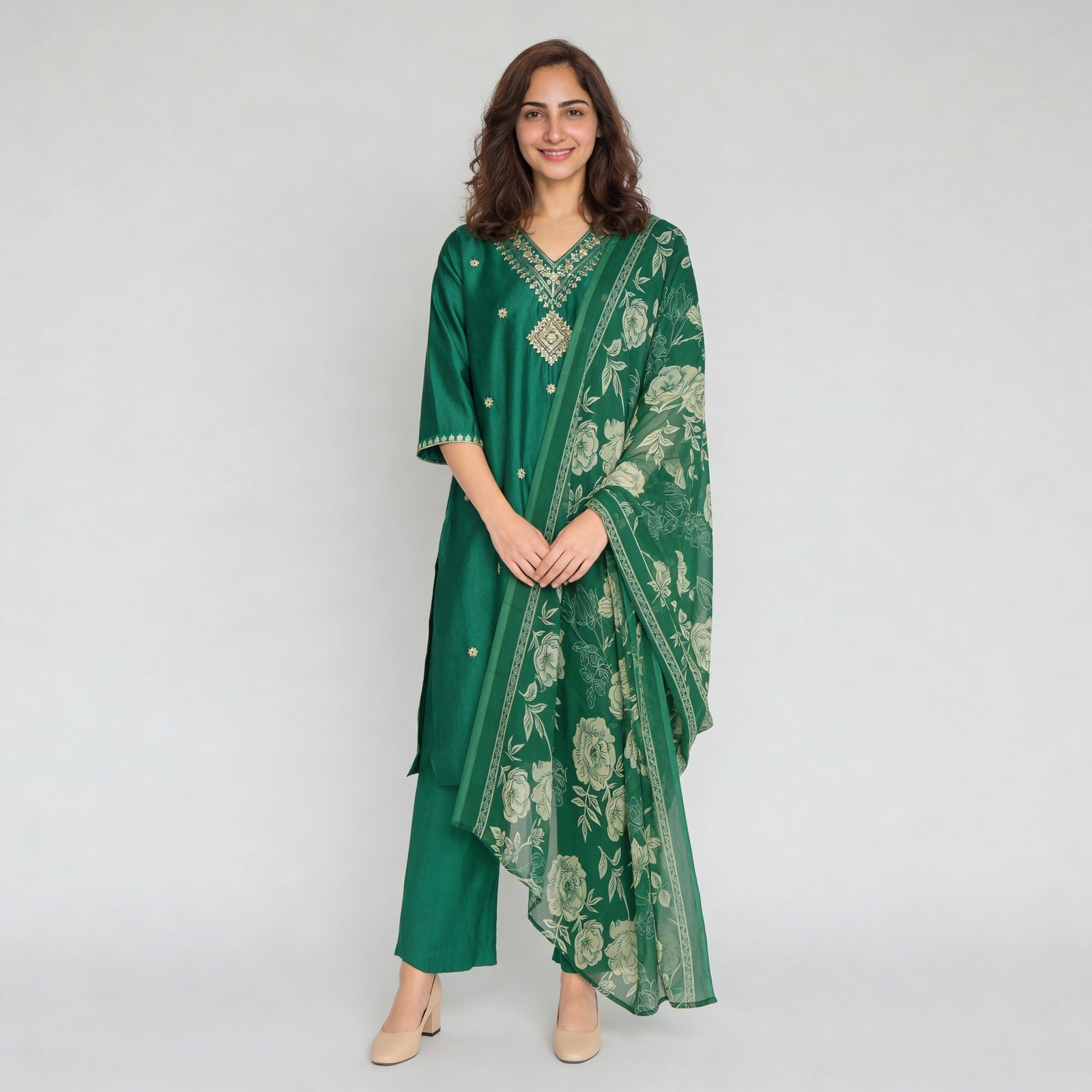 Embellished V-Neck Straight Kurta with Pant & Dupatta Set