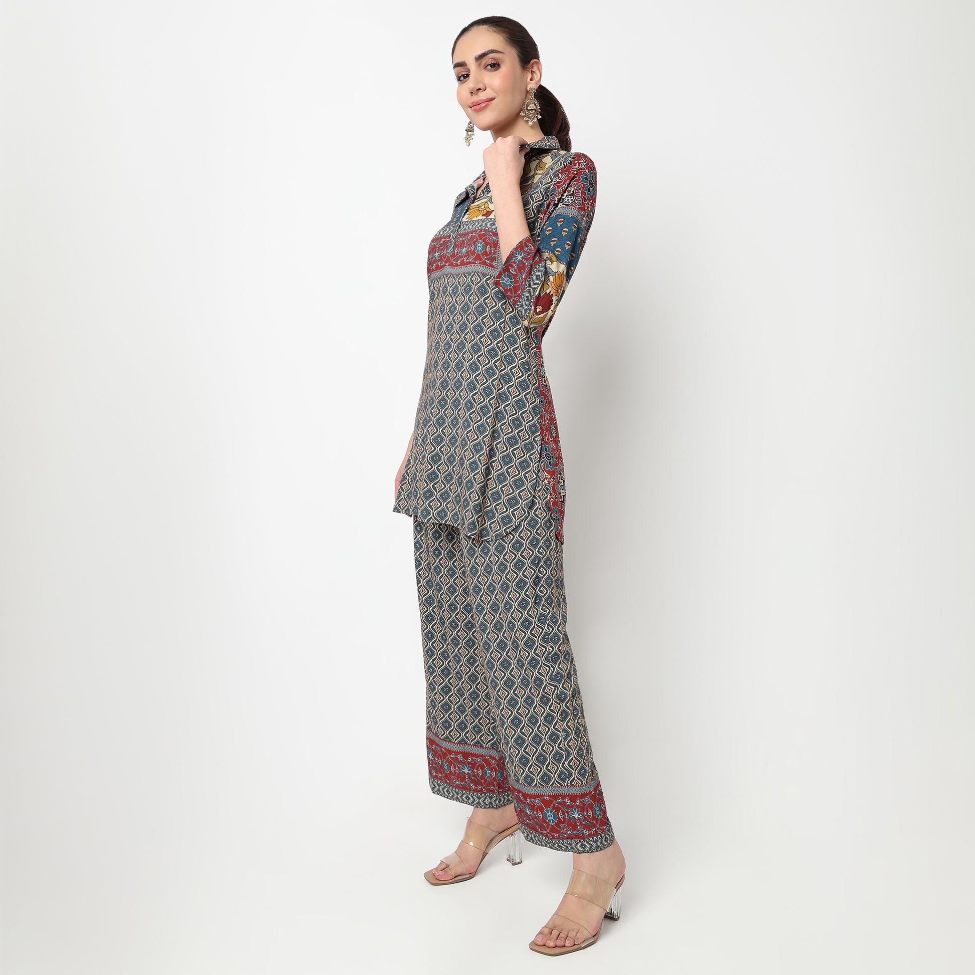 Printed Collar Kurta with Pant Set