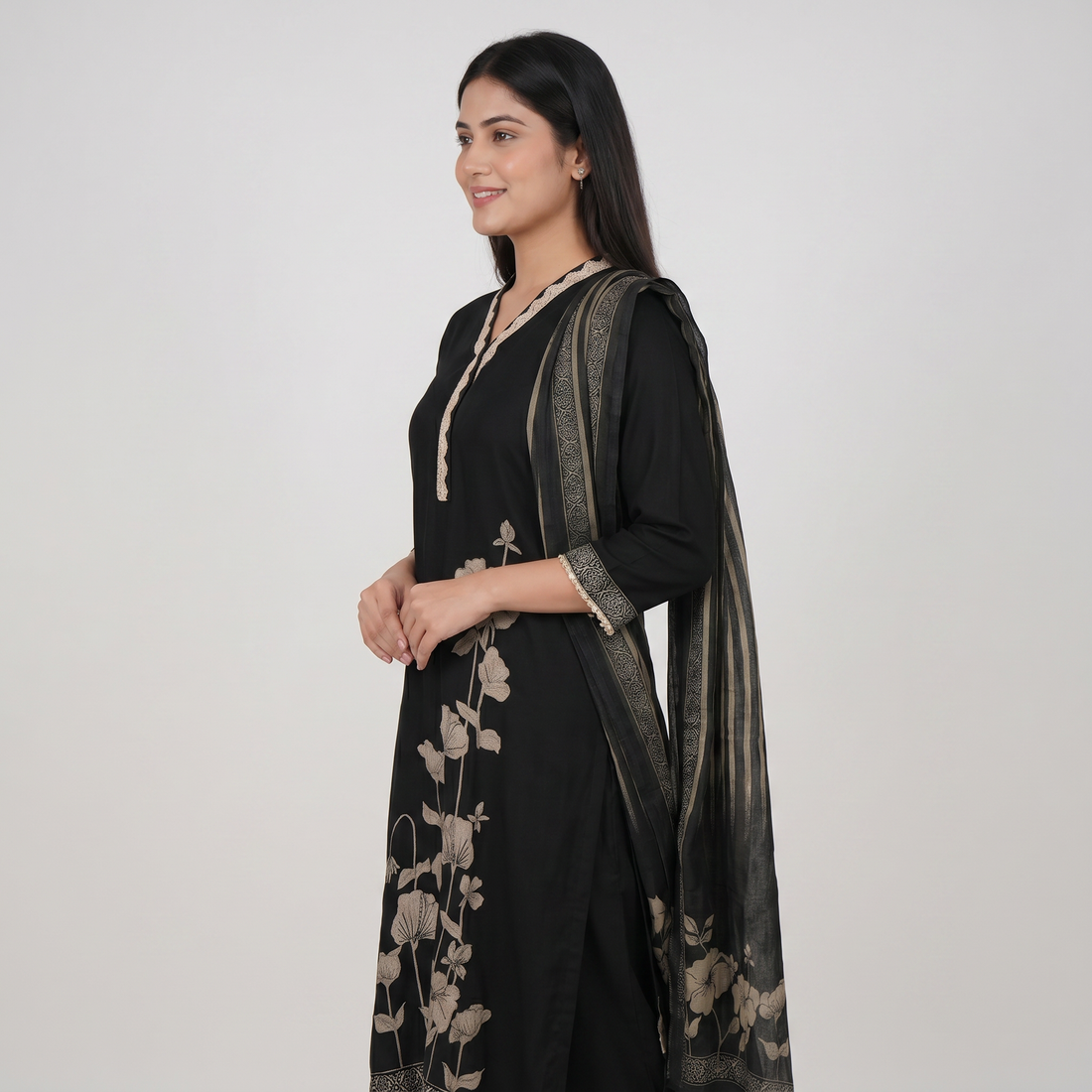 Printed V-Neck Kurta and Pant with Dupatta Set