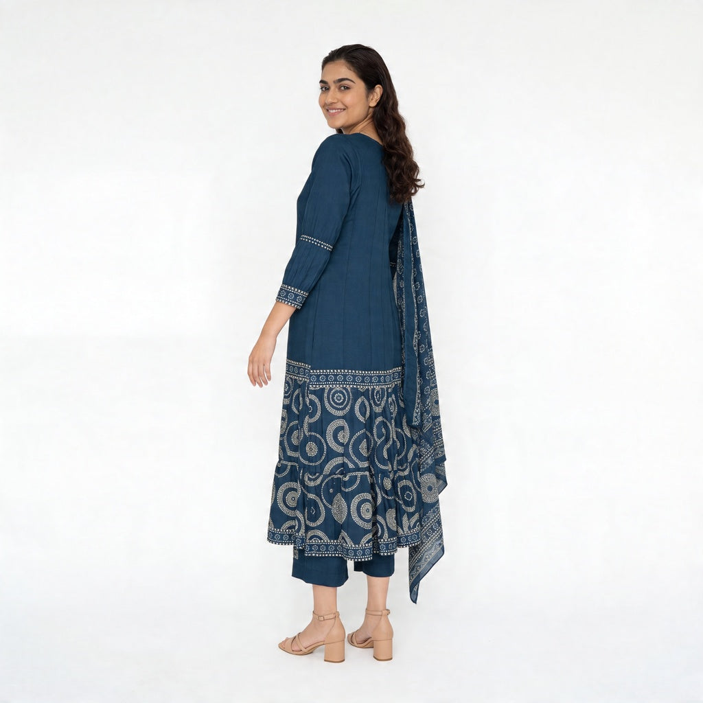 Cotton Printed V-Neck Tired Kurta with Pant and Dupatta Set