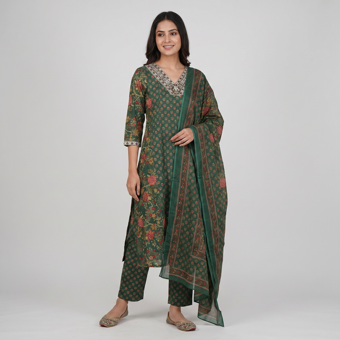 Cotton Printed V-Neck Kurta and Pant with Dupatta Set