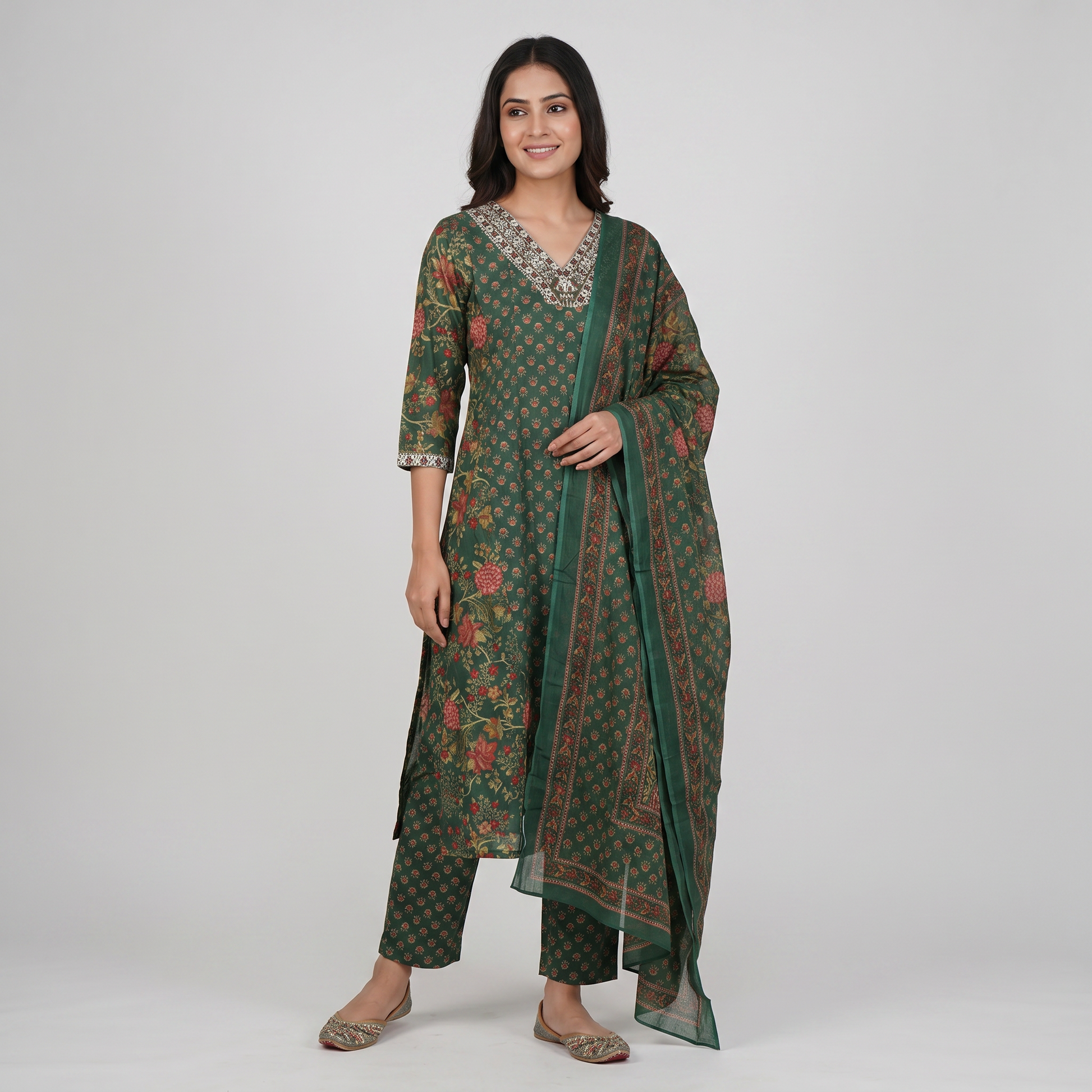 Cotton Printed V-Neck Kurta and Pant with Dupatta Set