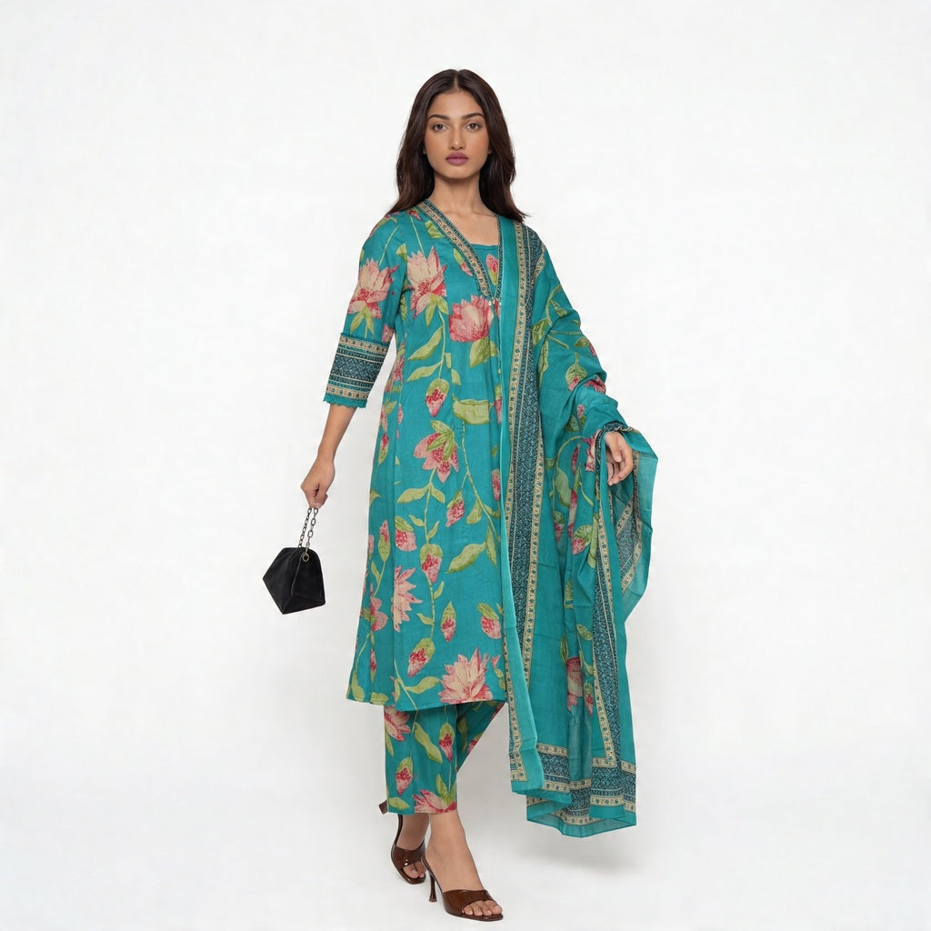 Cotton Printed Kurta with Palazzo and Dupatta Set