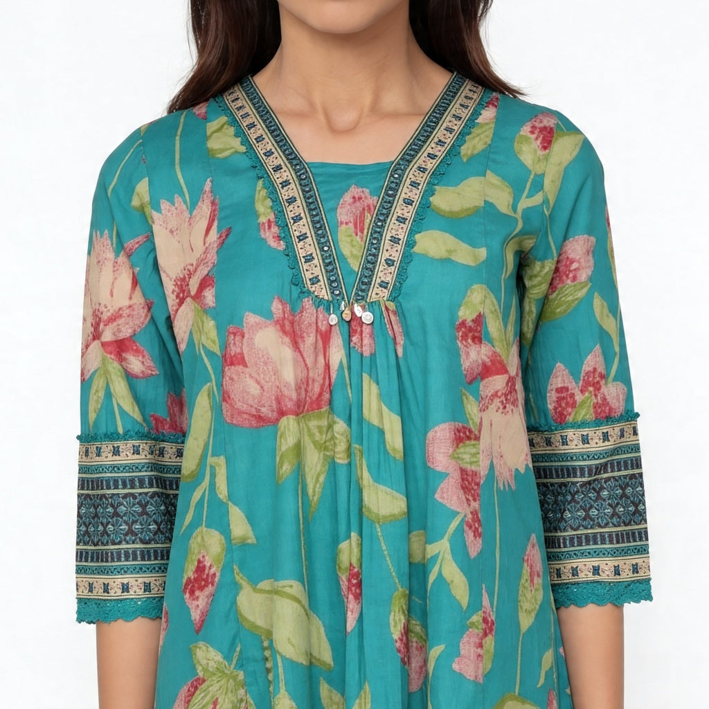 Cotton Printed Kurta with Palazzo and Dupatta Set