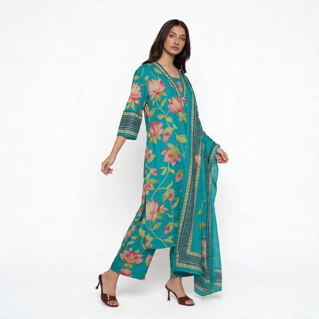 Cotton Printed Kurta with Palazzo and Dupatta Set