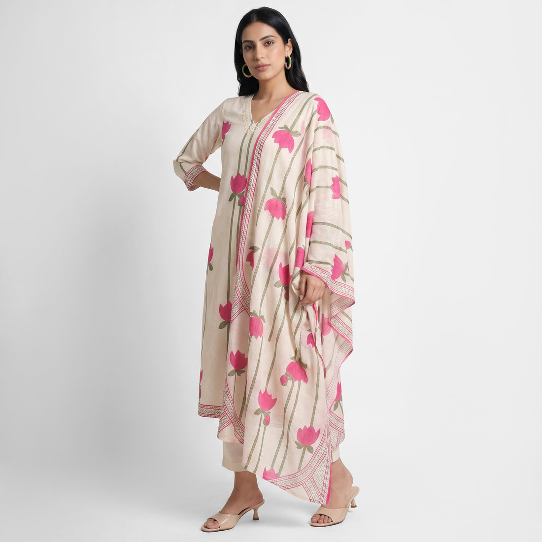Printed V-Neck Kurta with Pant and Dupatta Set