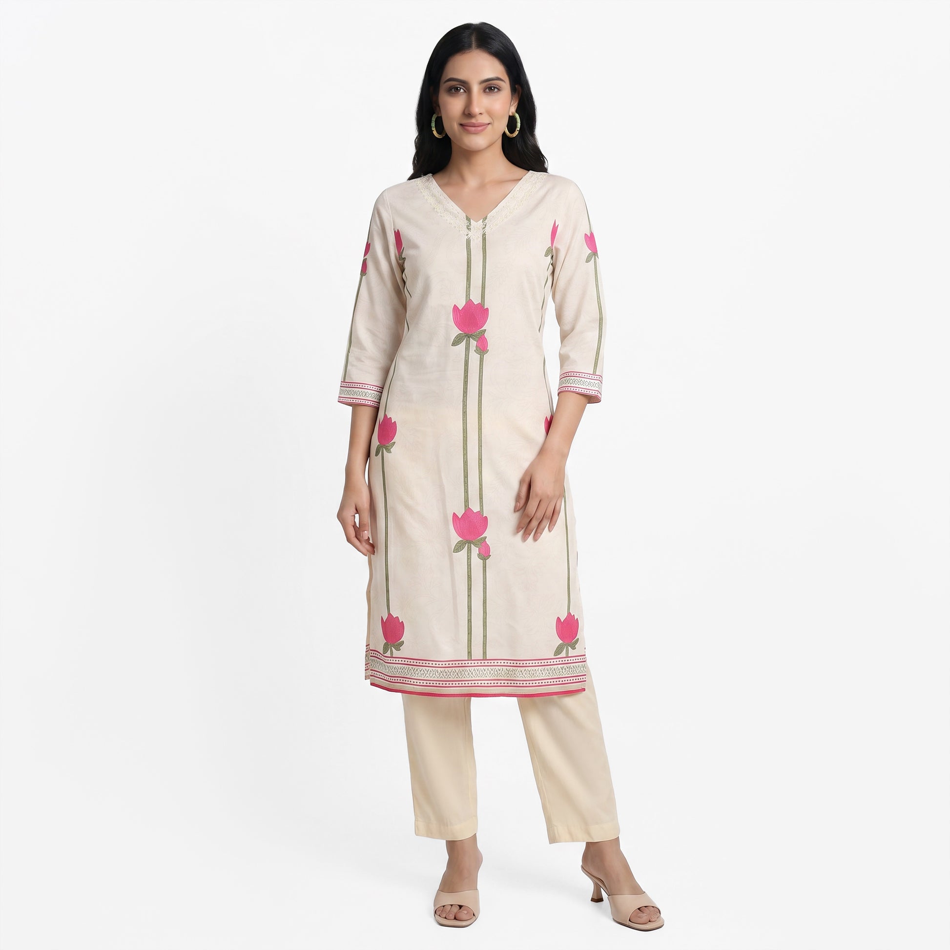 Printed V-Neck Kurta with Pant and Dupatta Set