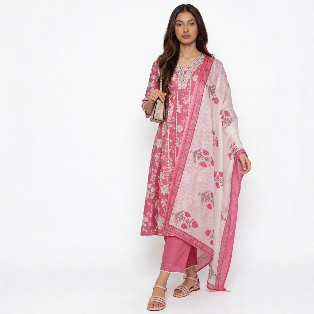 Printed Cotton V-Neck Kurta with Pant & Dupatta Set
