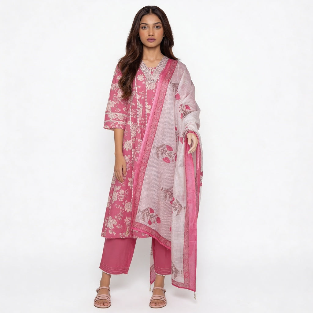 Printed Cotton V-Neck Kurta with Pant & Dupatta Set