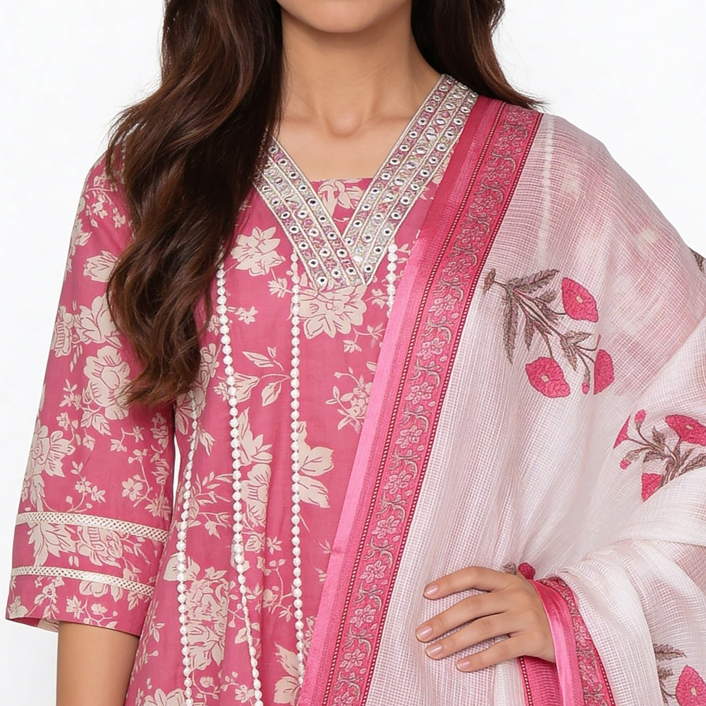 Printed Cotton V-Neck Kurta with Pant & Dupatta Set