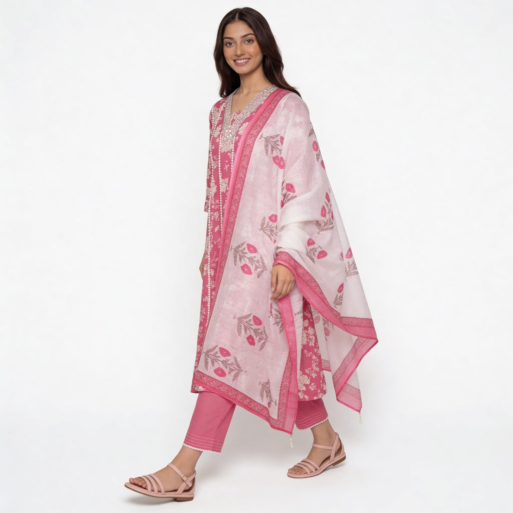 Printed Cotton V-Neck Kurta with Pant & Dupatta Set