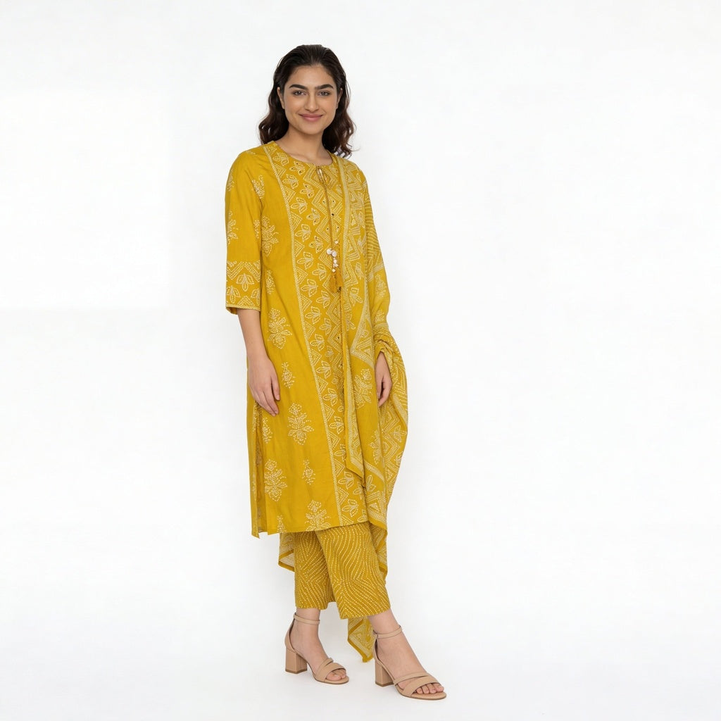 Printed Cotton Kurta with Pant & Dupatta Set
