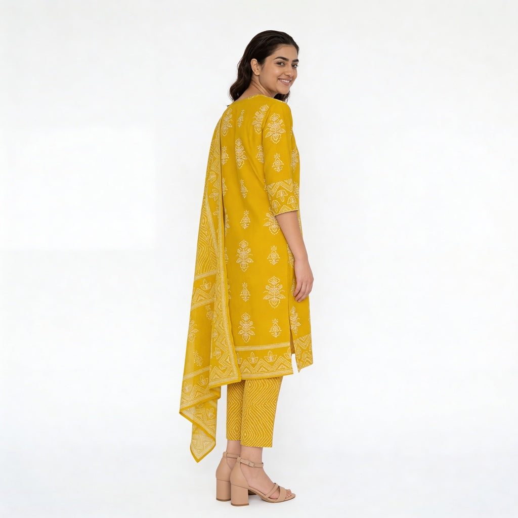 Printed Cotton Kurta with Pant & Dupatta Set