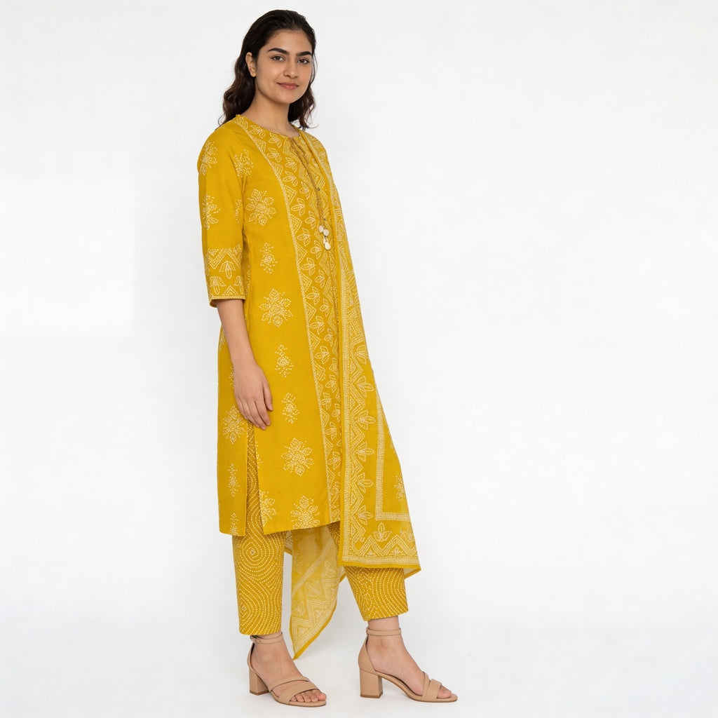 Printed Cotton Kurta with Pant & Dupatta Set