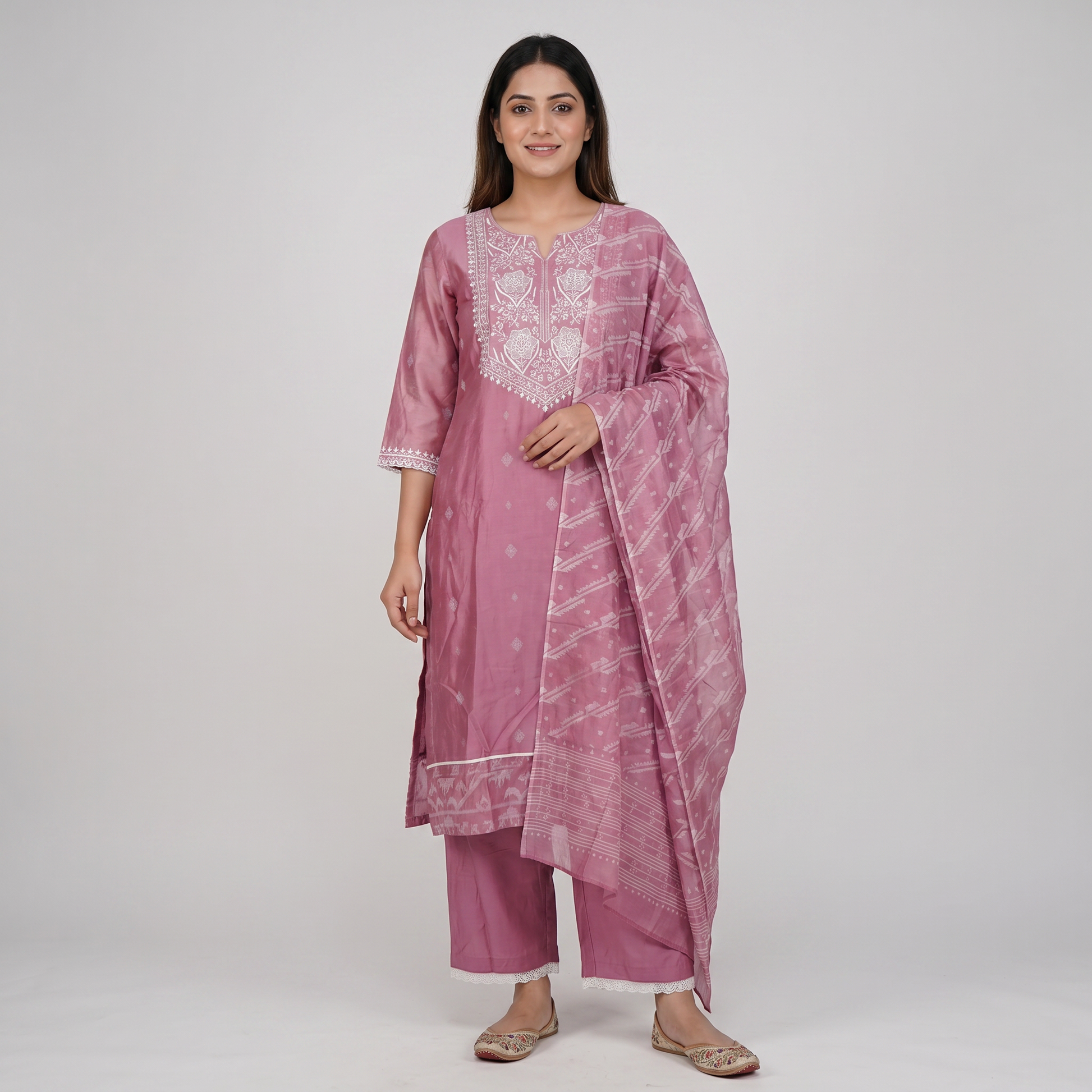 Cotton Embroidered Kurta and Pant with Dupatta Set