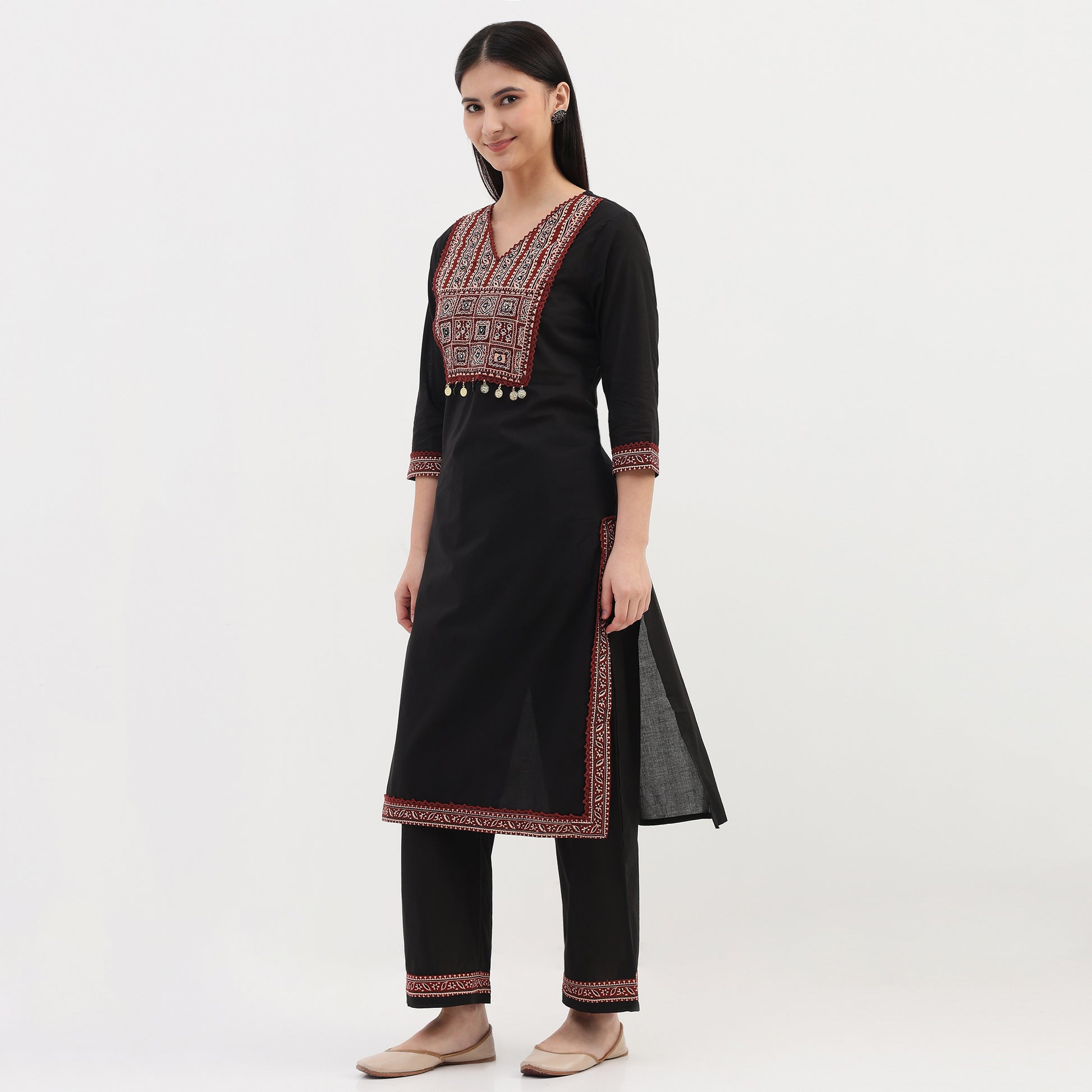 Cotton Printed V-Neck Kurta with Pant and Dupatta Set