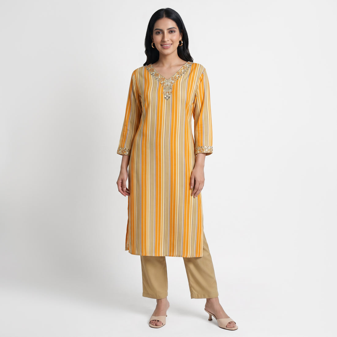 Printed V-Neck Kurta with Pant and Dupatta Set