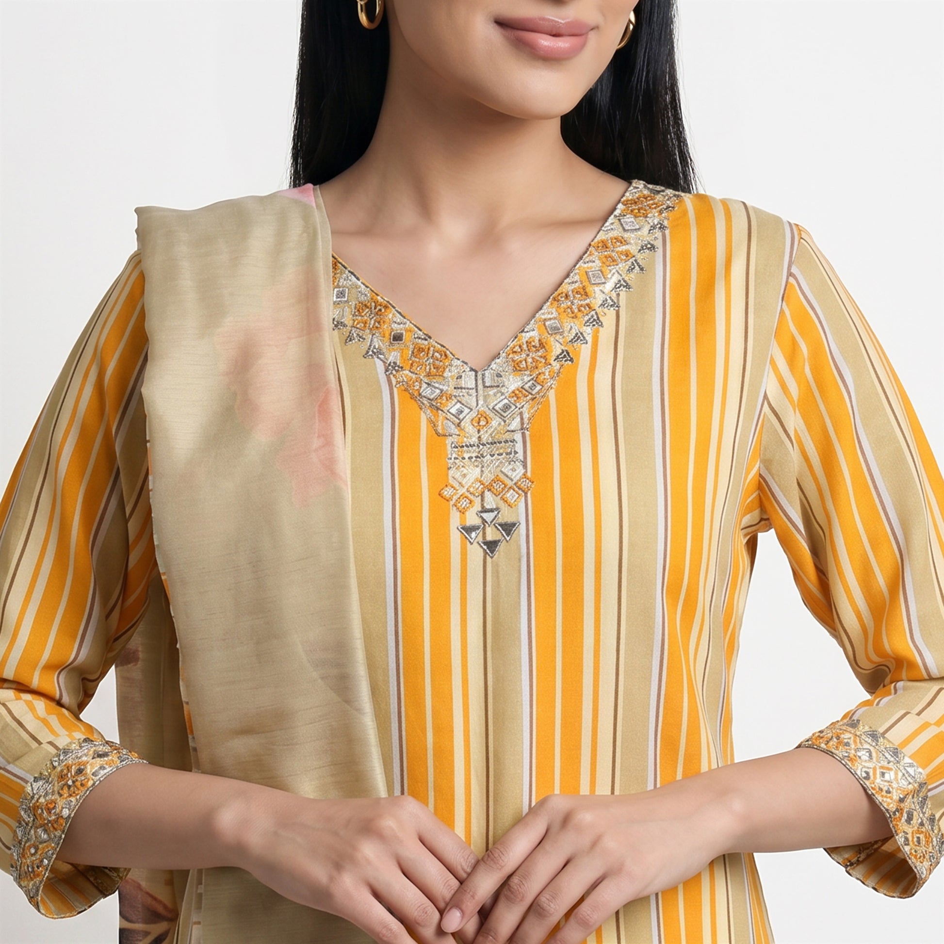Printed V-Neck Kurta with Pant and Dupatta Set