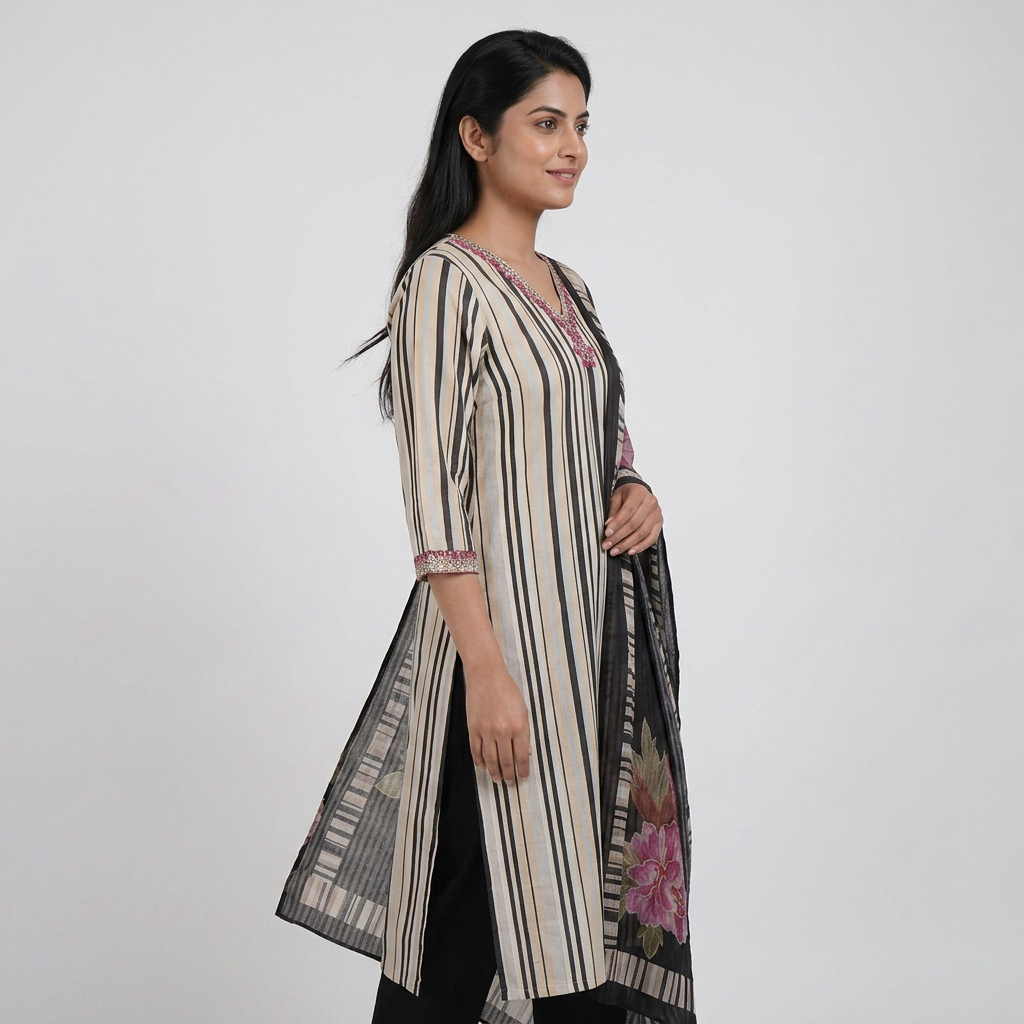Printed V-Neck Kurta with Pant and Dupatta Set