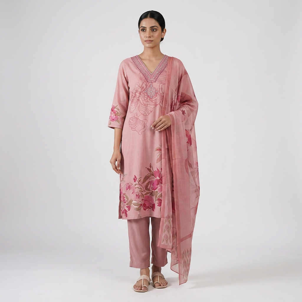 Printed V-Neck Kurta and Pant with Dupatta Set