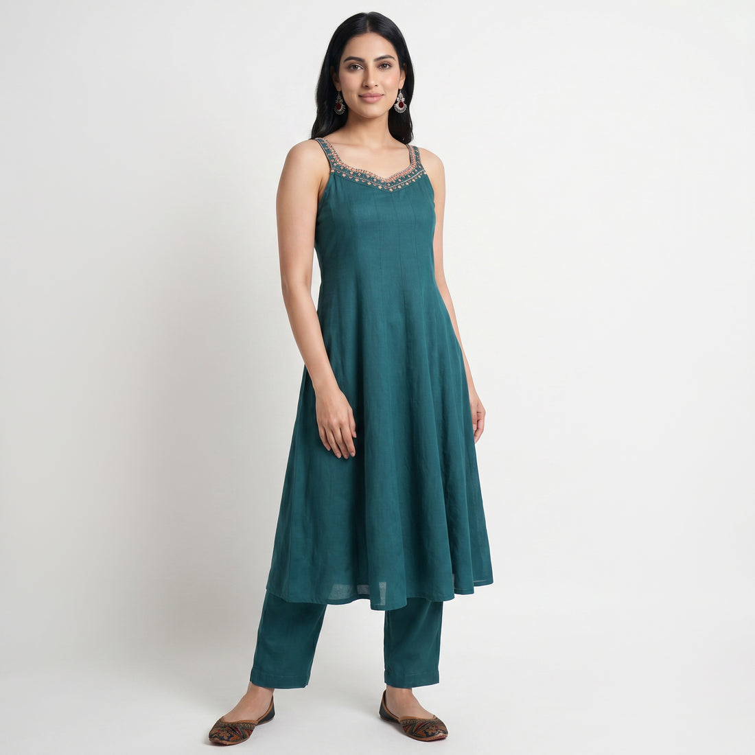 Solid V-Neck Kurta with Pant and Dupatta Set