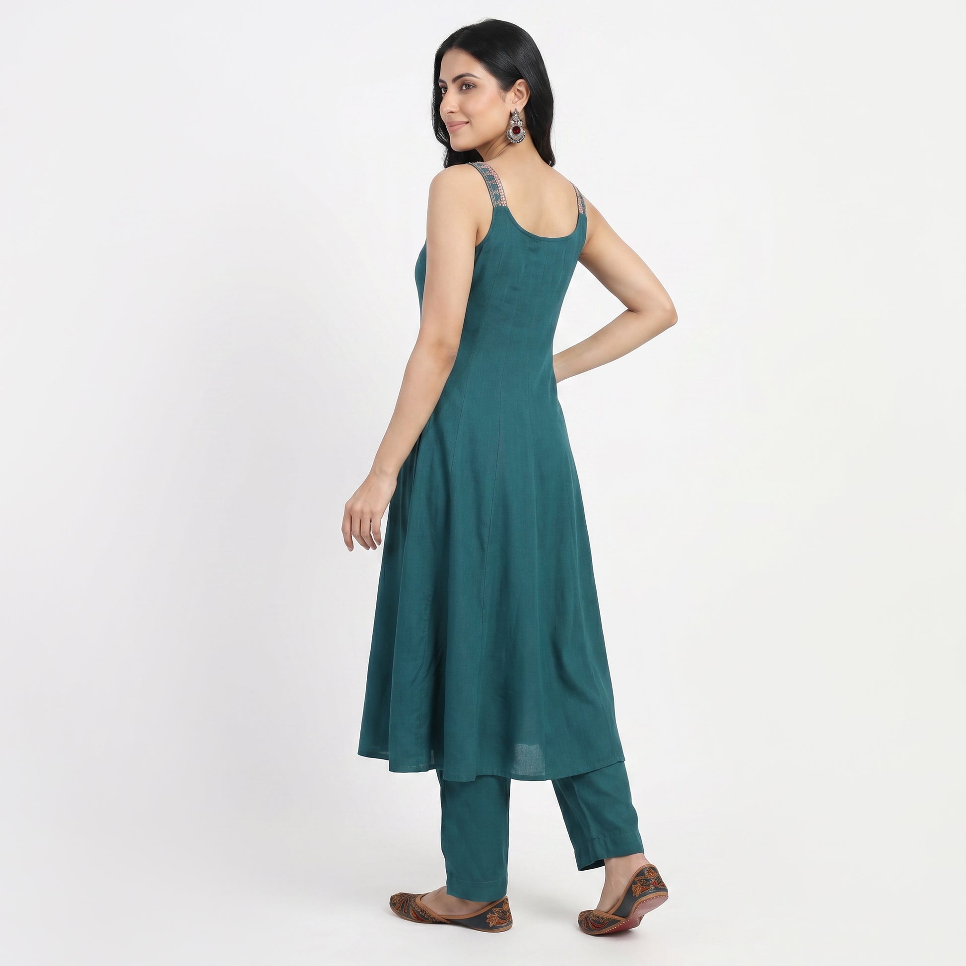 Solid V-Neck Kurta with Pant and Dupatta Set