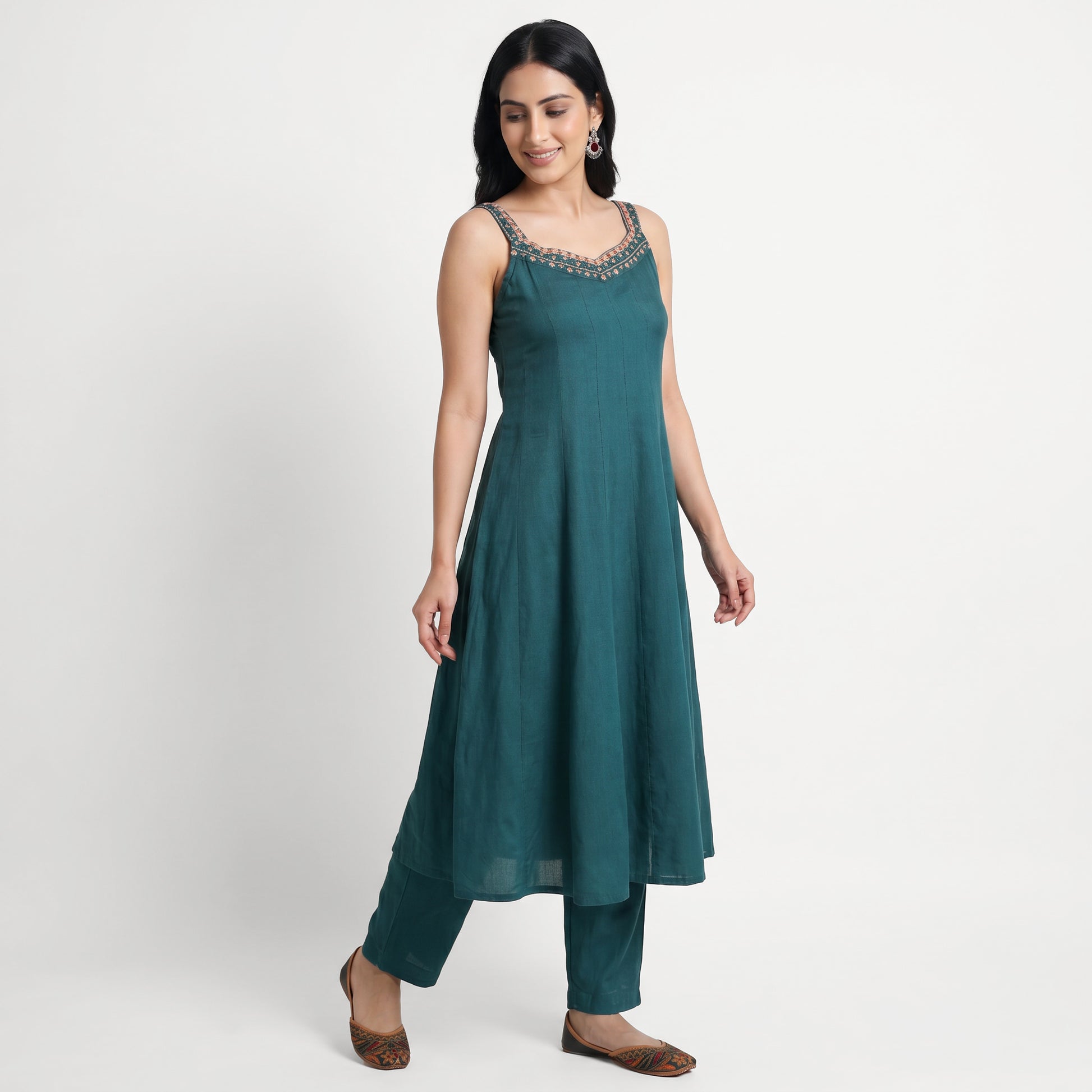 Solid V-Neck Kurta with Pant and Dupatta Set