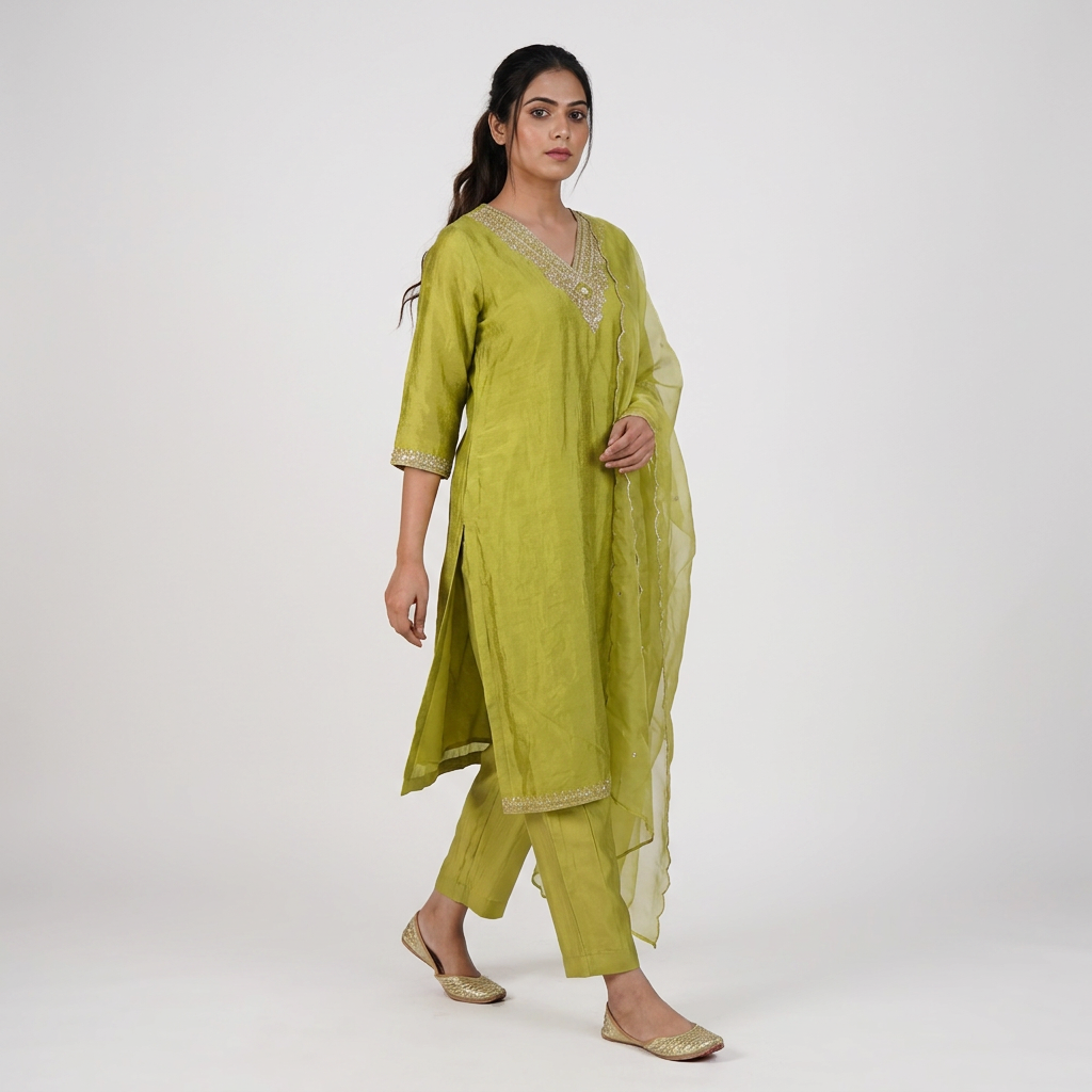 Embroidered V-Neck Kurta with Pant and Dupatta Set