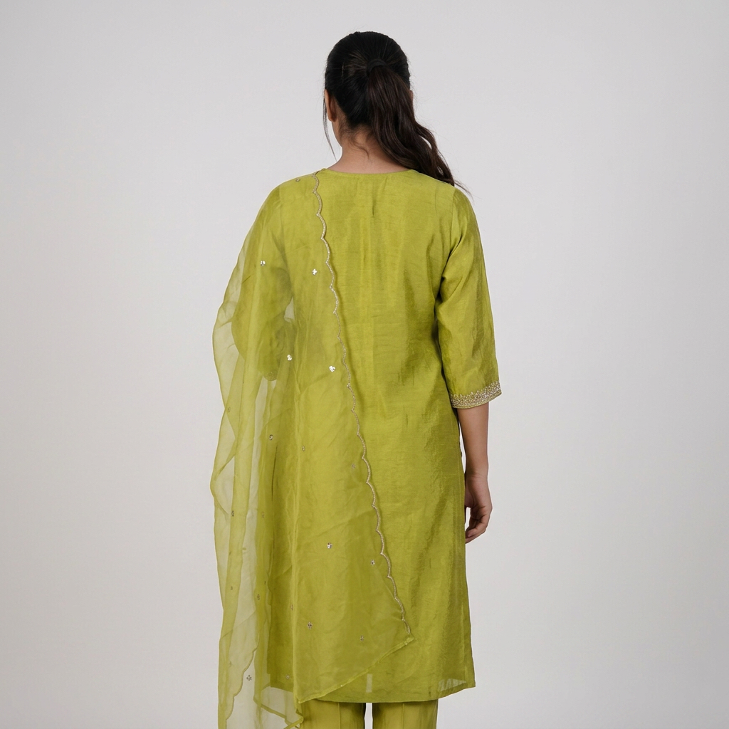 Embroidered V-Neck Kurta with Pant and Dupatta Set