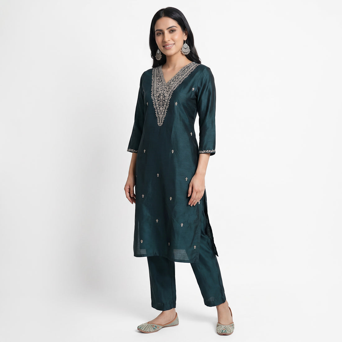 Embroidered V-Neck Kurta with Pant and Dupatta Set