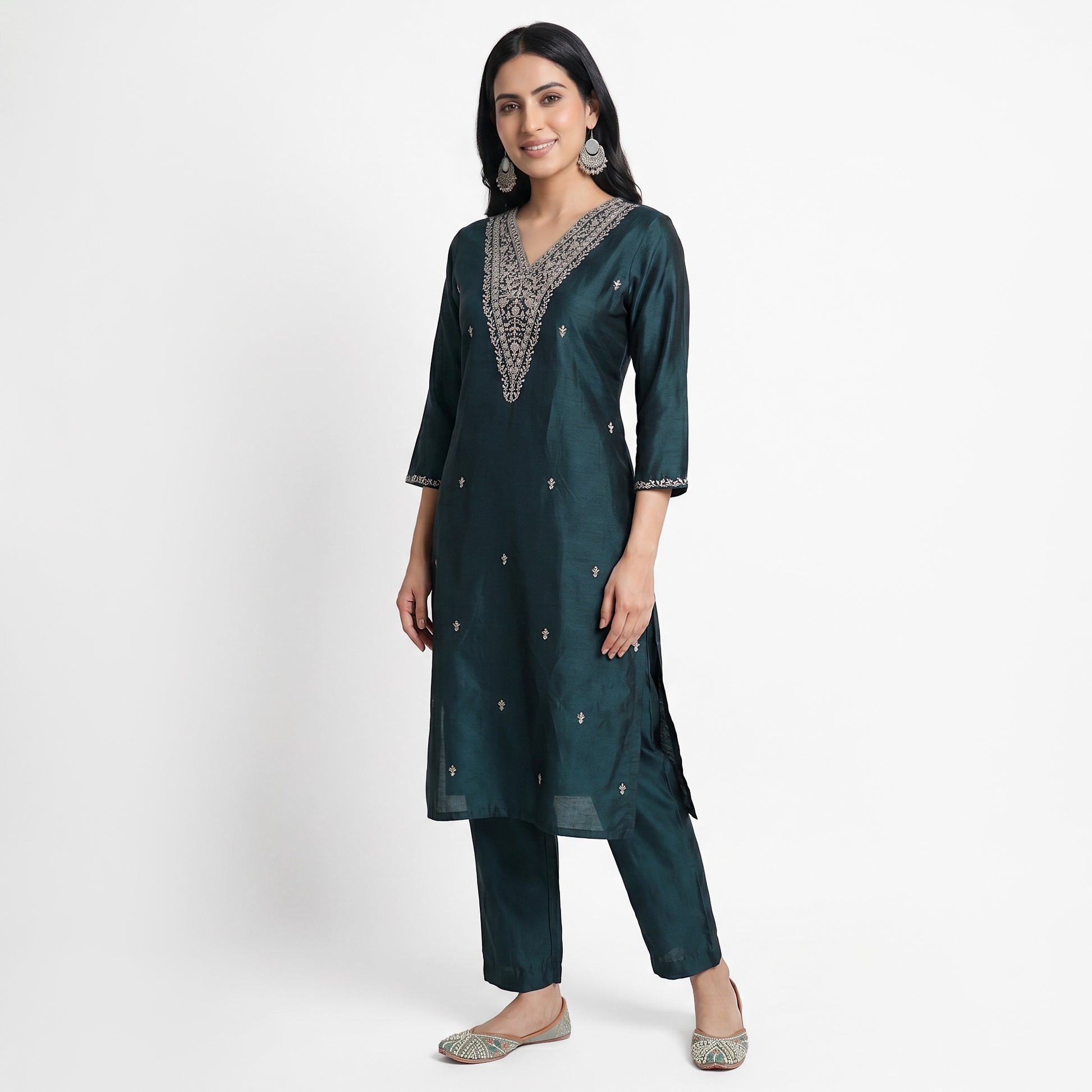 Embroidered V-Neck Kurta with Pant and Dupatta Set