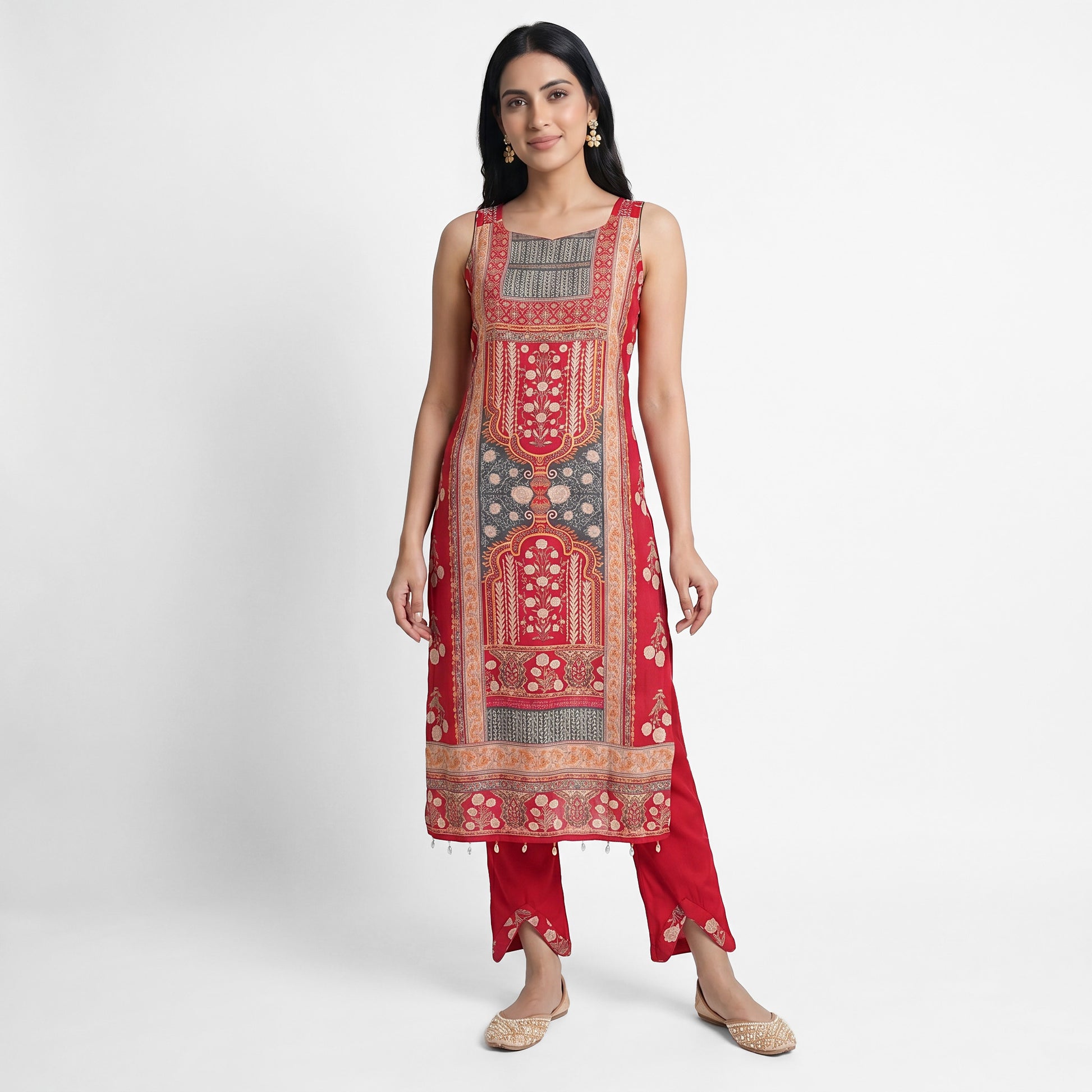Embroidered V-Neck Kurta with Pant and Dupatta Set