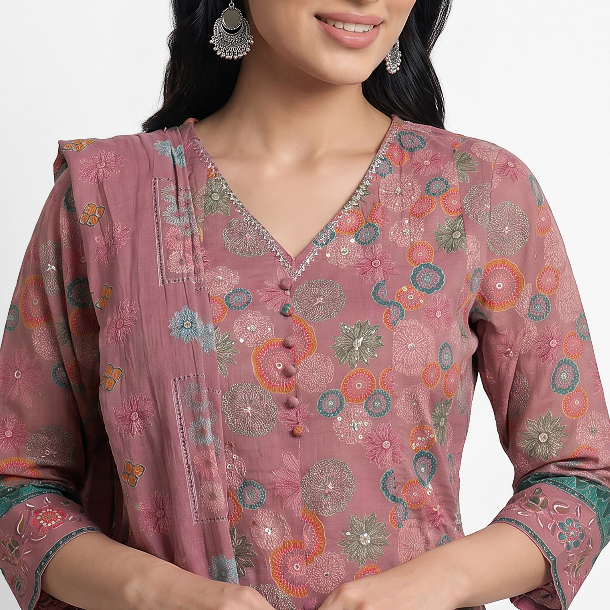 Embroidered V-Neck Kurta with Pant and Dupatta Set