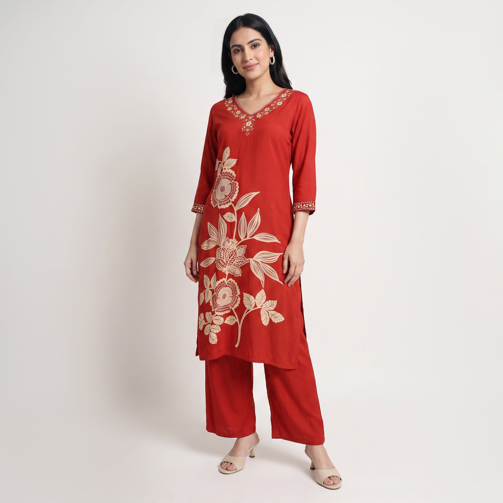 Printed V-Neck Kurta with Pant and Dupatta Set