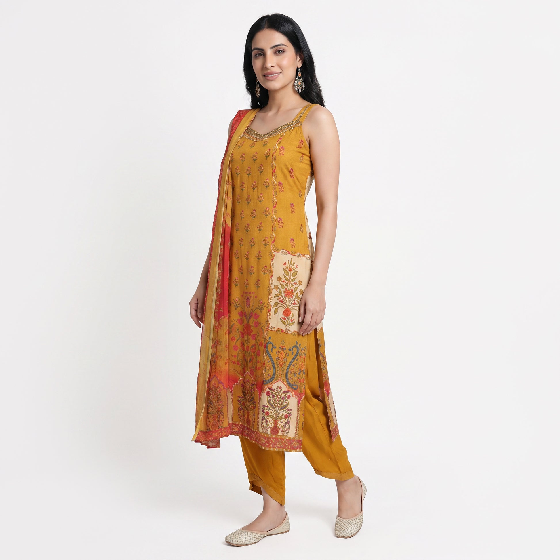 Printed V-Neck Kurta with Pant and Dupatta Set