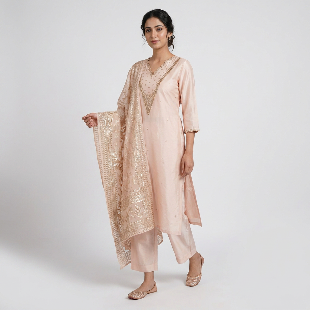 Embellished V-Neck Kurta with Pant and Dupatta Set