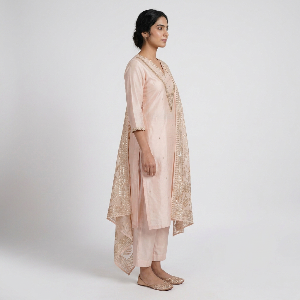 Embellished V-Neck Kurta with Pant and Dupatta Set