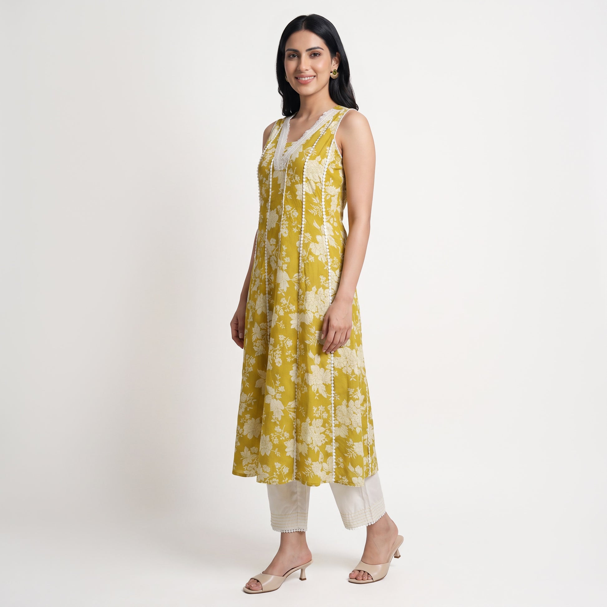 Cotton Printed V-Neck Kurta with Pant and Dupatta Set