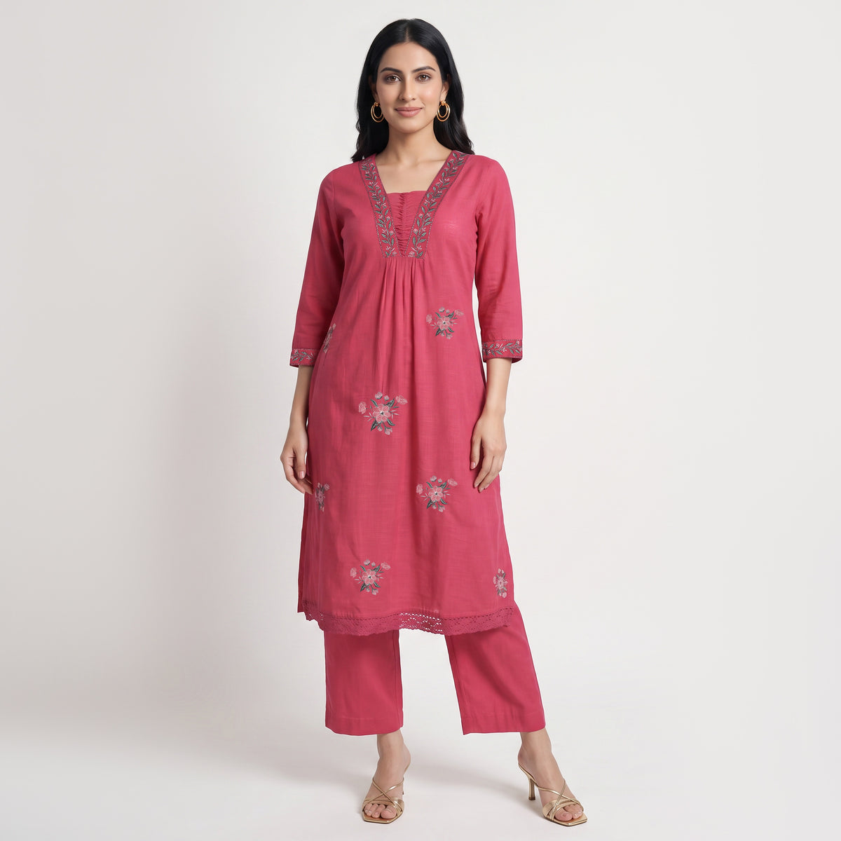 Cotton Solid V-Neck Ethnic Sets