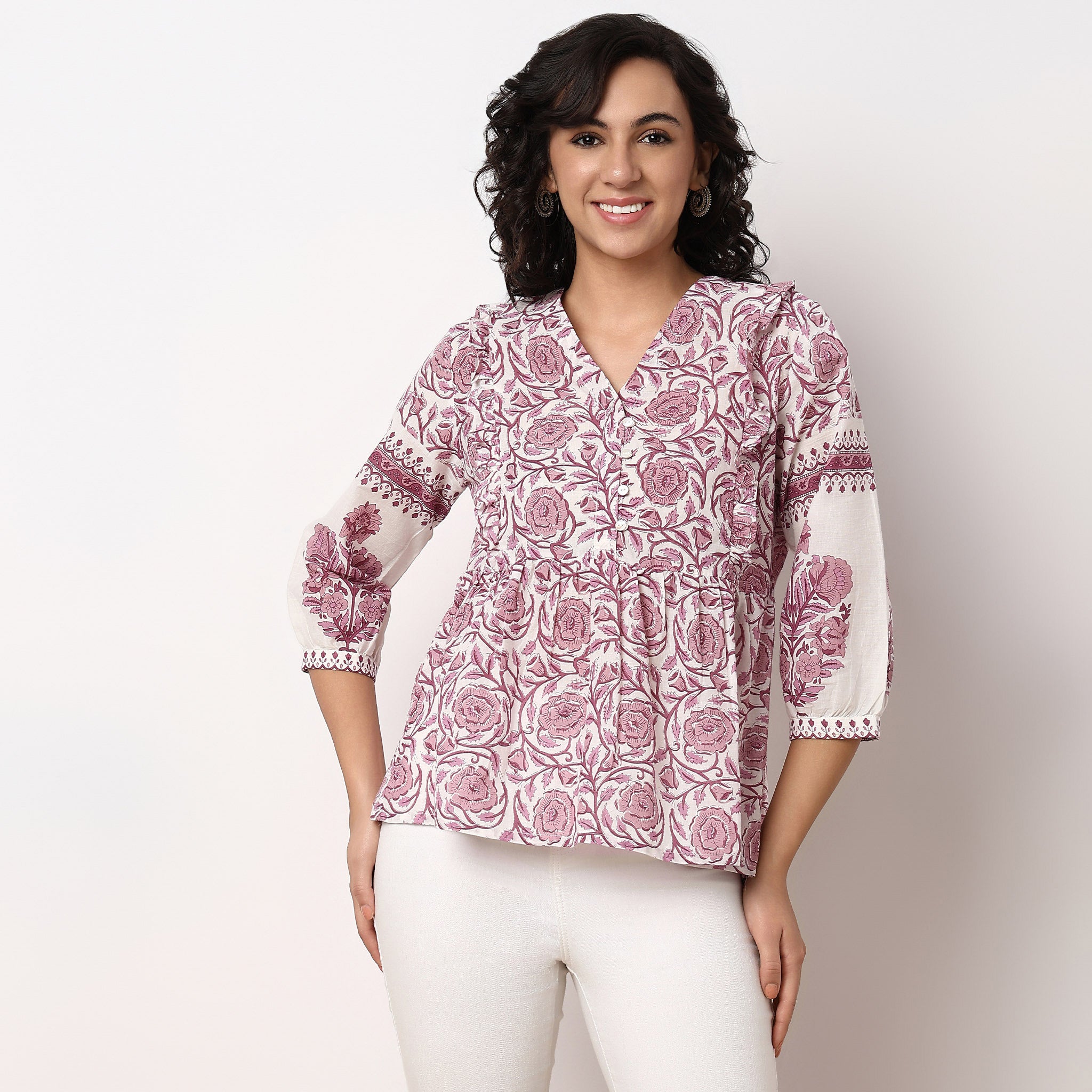 Printed Above Knee V-Neck Flared Short Kurta