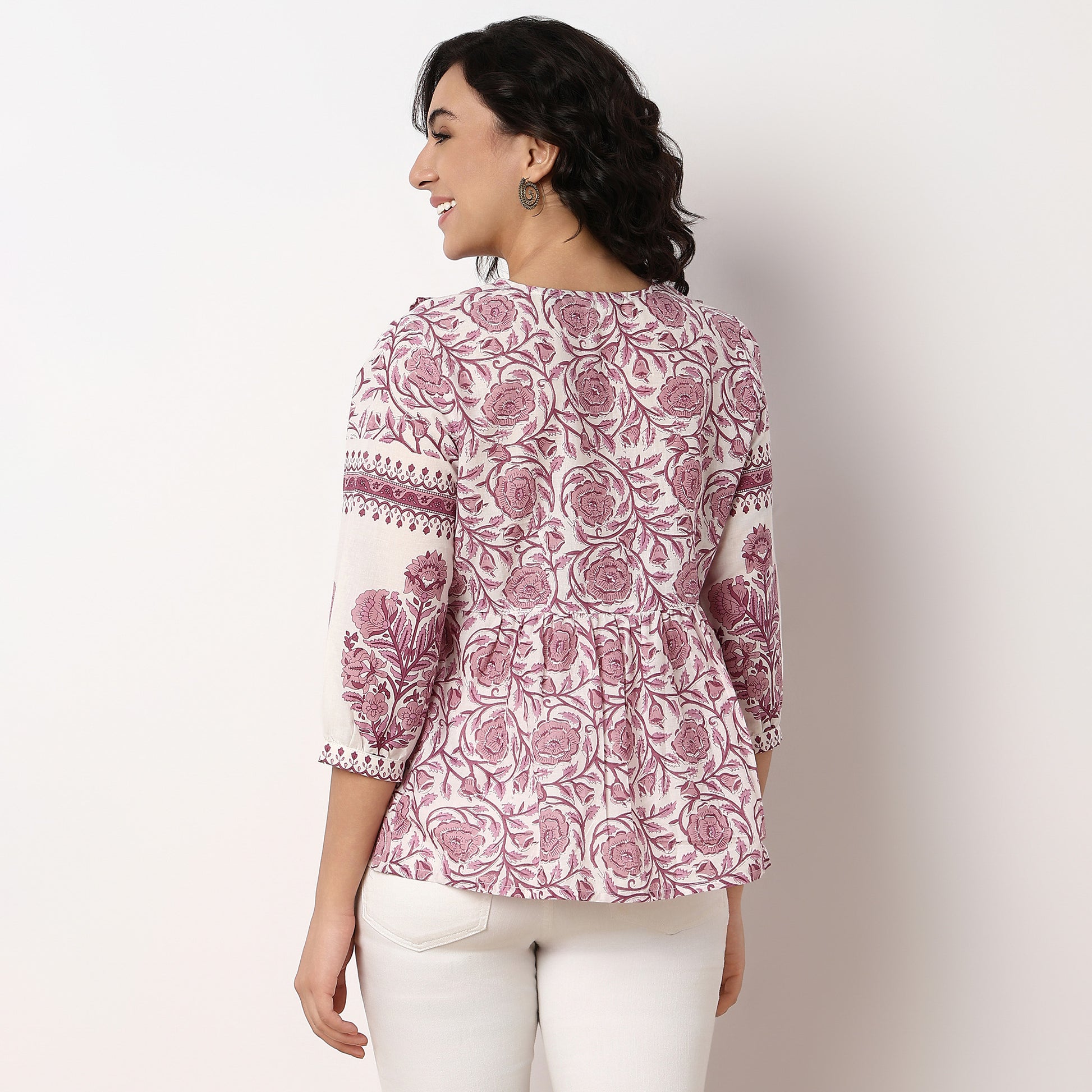 Printed Above Knee V-Neck Flared Short Kurta