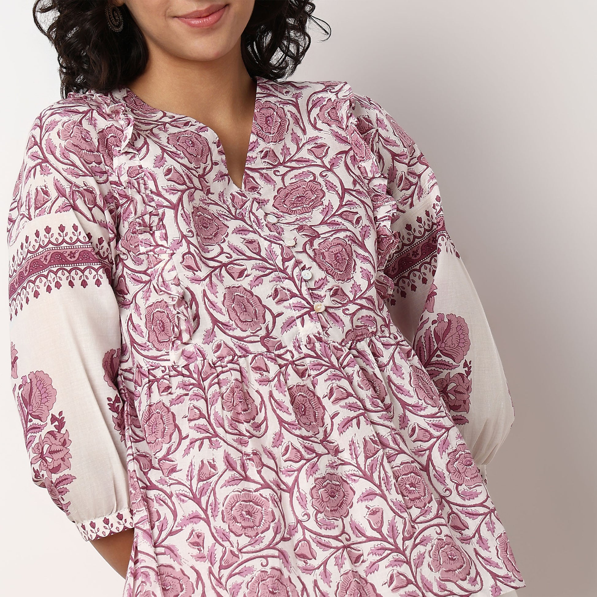 Printed Above Knee V-Neck Flared Short Kurta