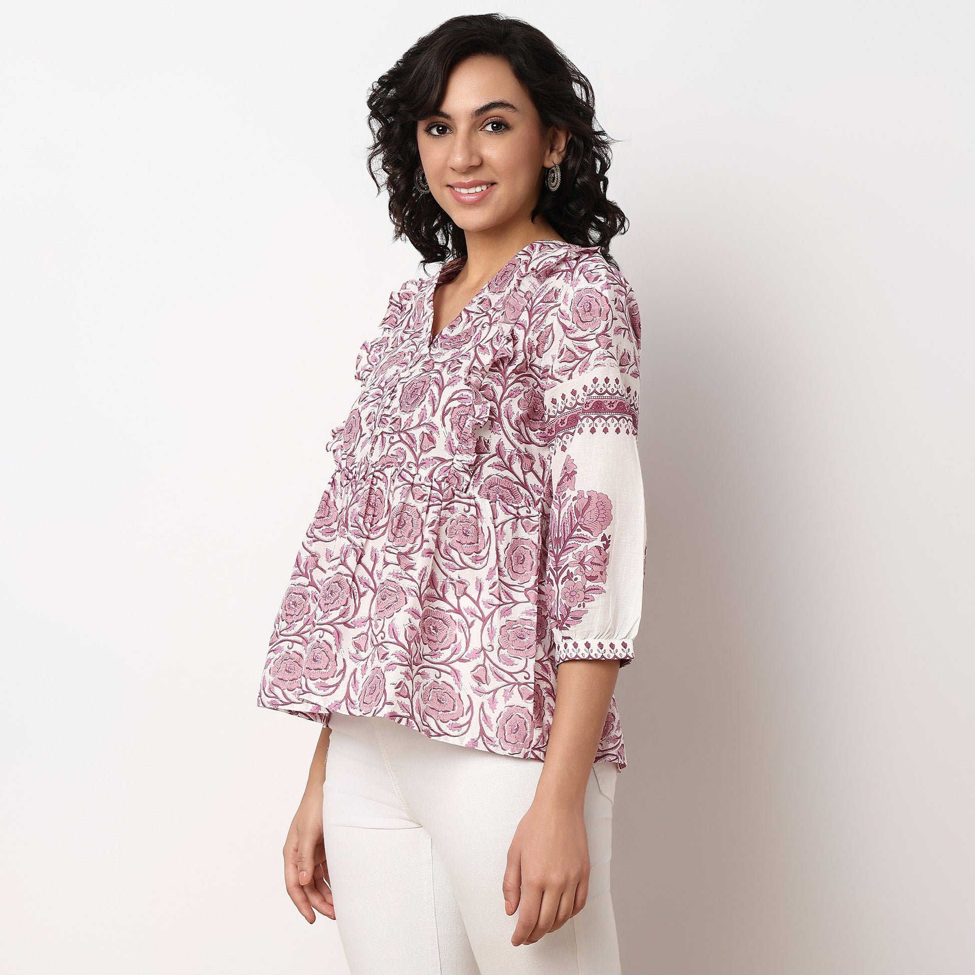 Printed Above Knee V-Neck Flared Short Kurta