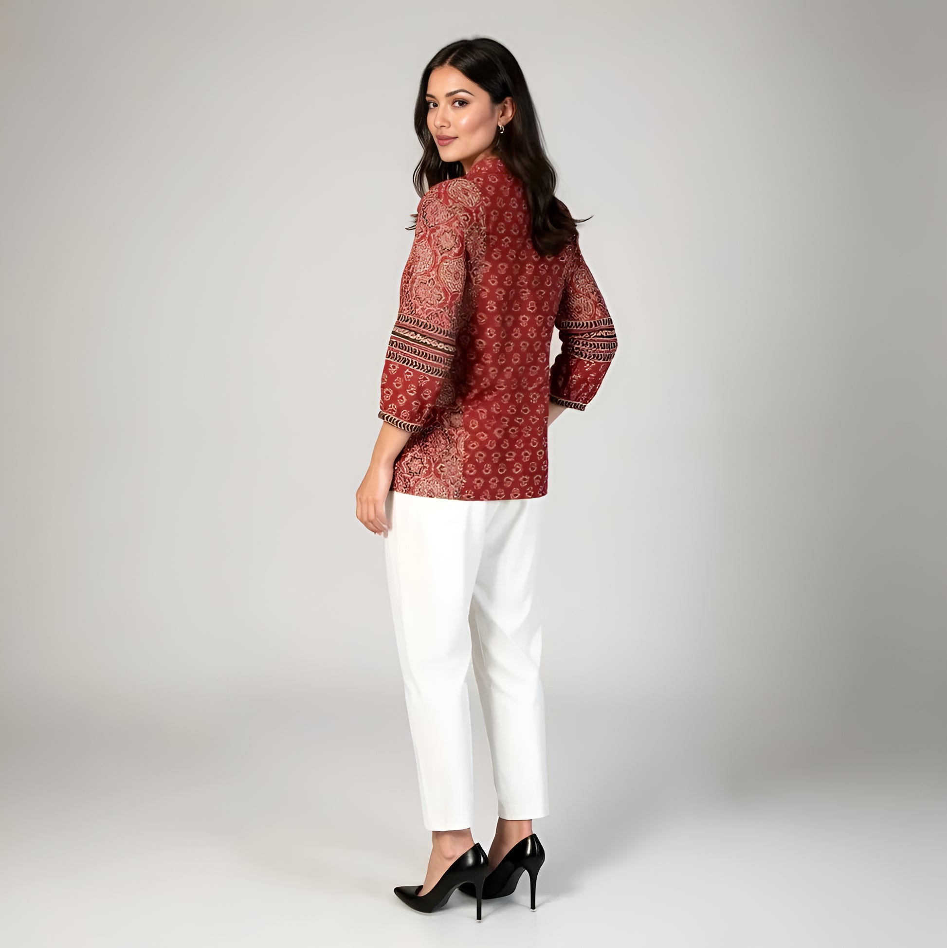 Band Collar Printed Flared Short Kurta