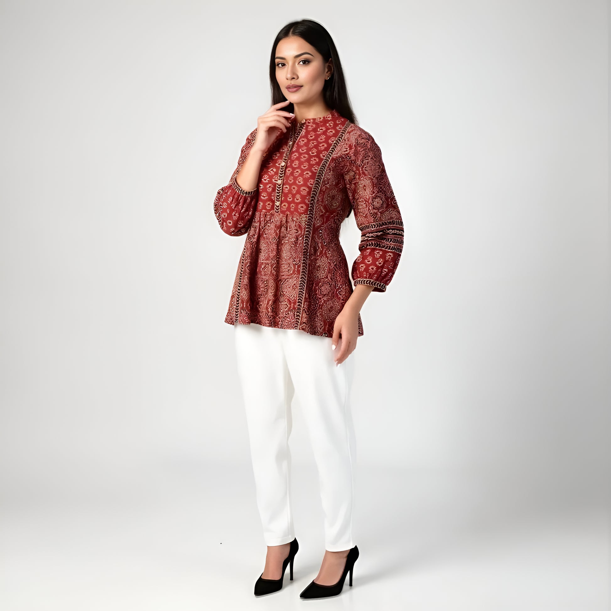 Band Collar Printed Flared Short Kurta