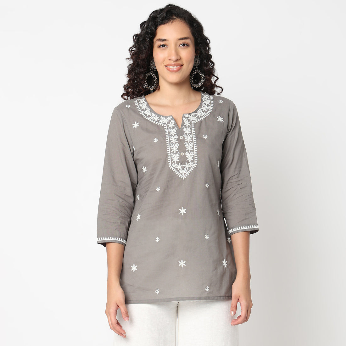 Embroidered Round Neck Short Kurti