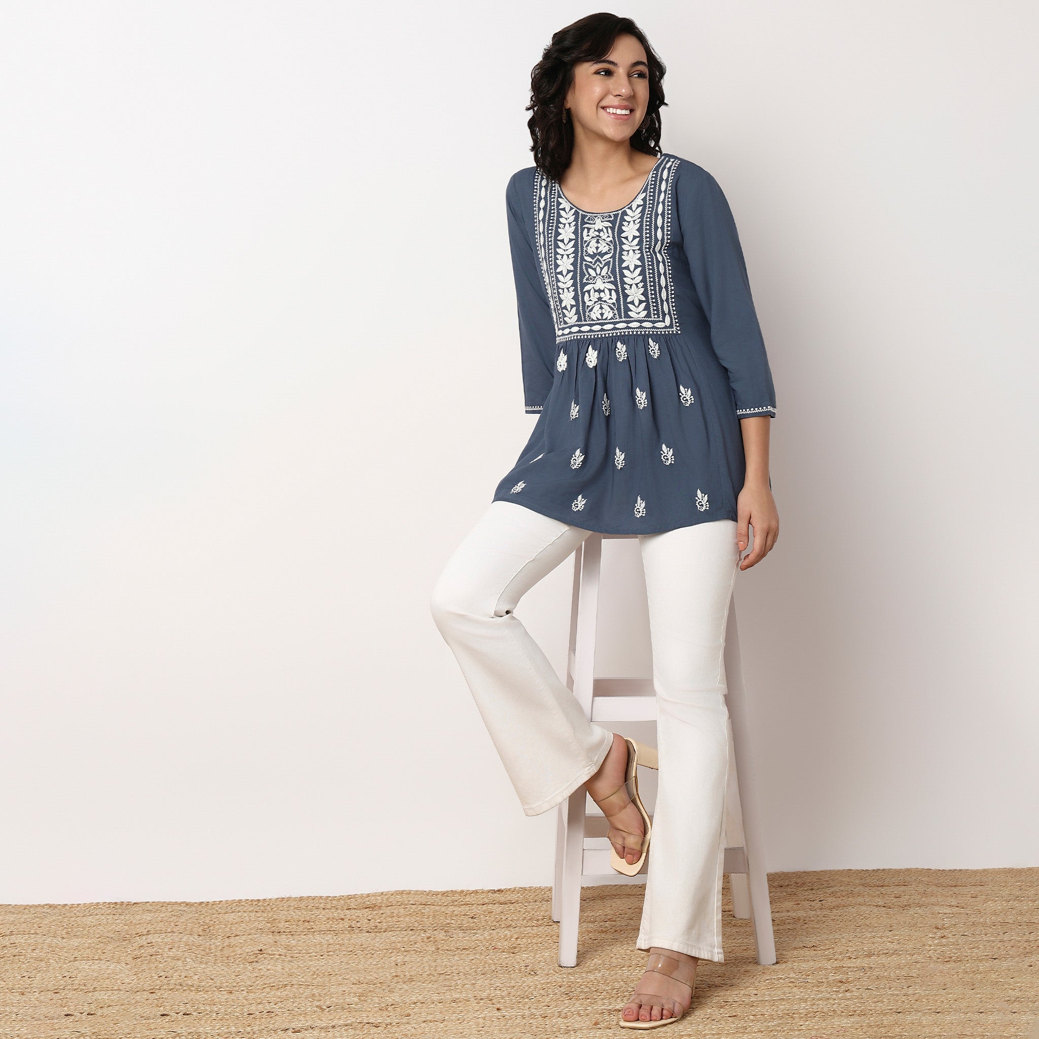 Embroidered Above Knee Flared Short Kurta