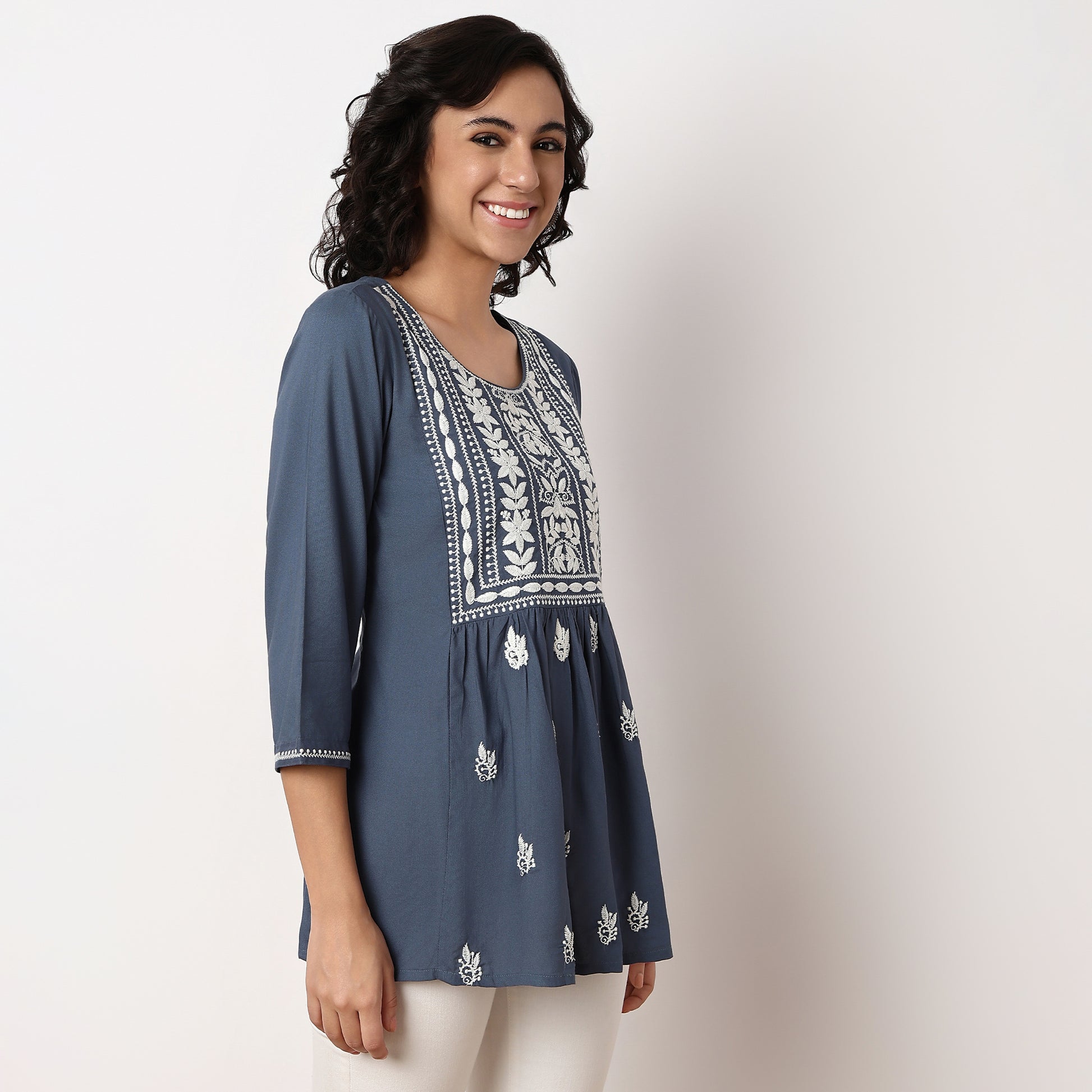 Embroidered Above Knee Flared Short Kurta