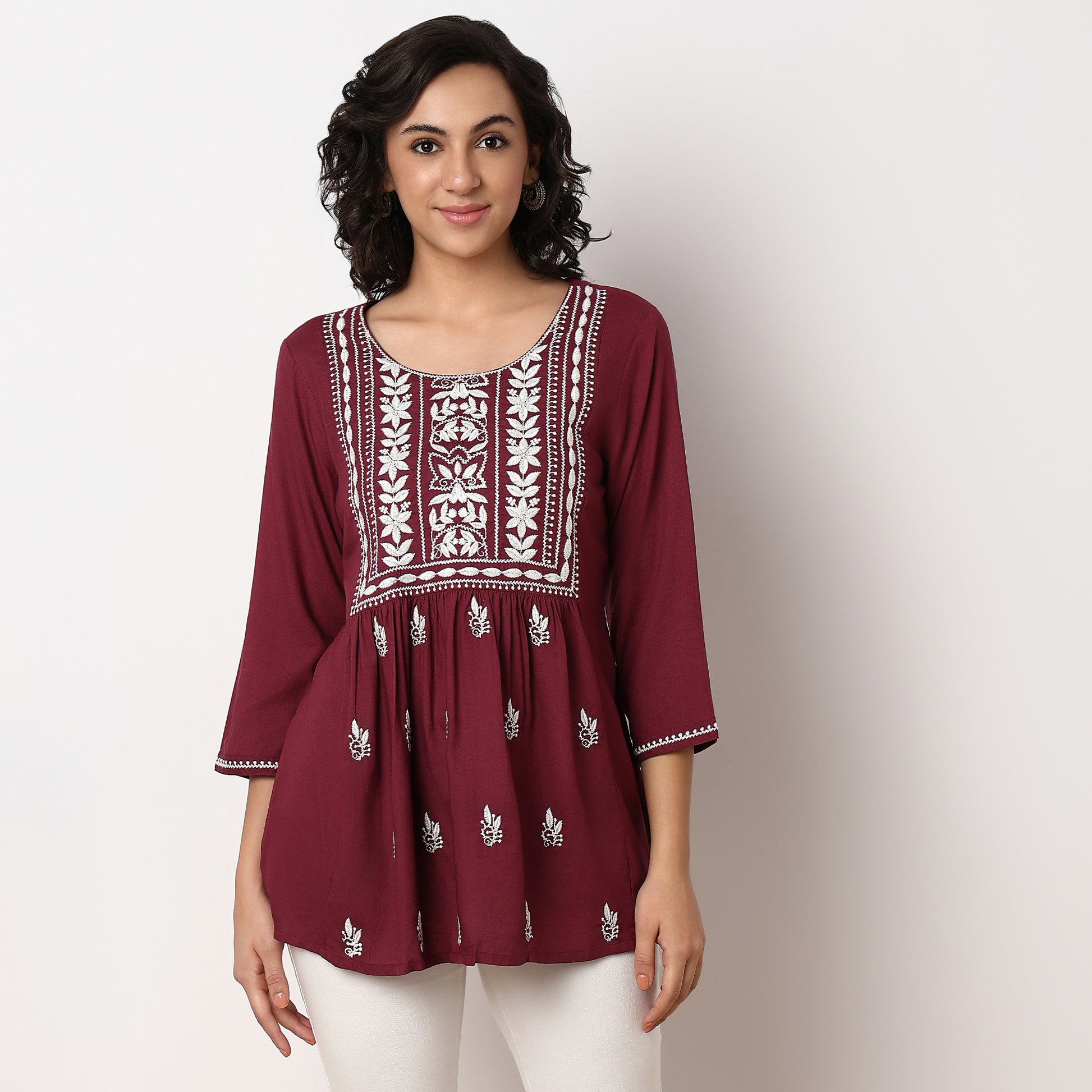 Embroidered Above Knee Flared Short Kurta