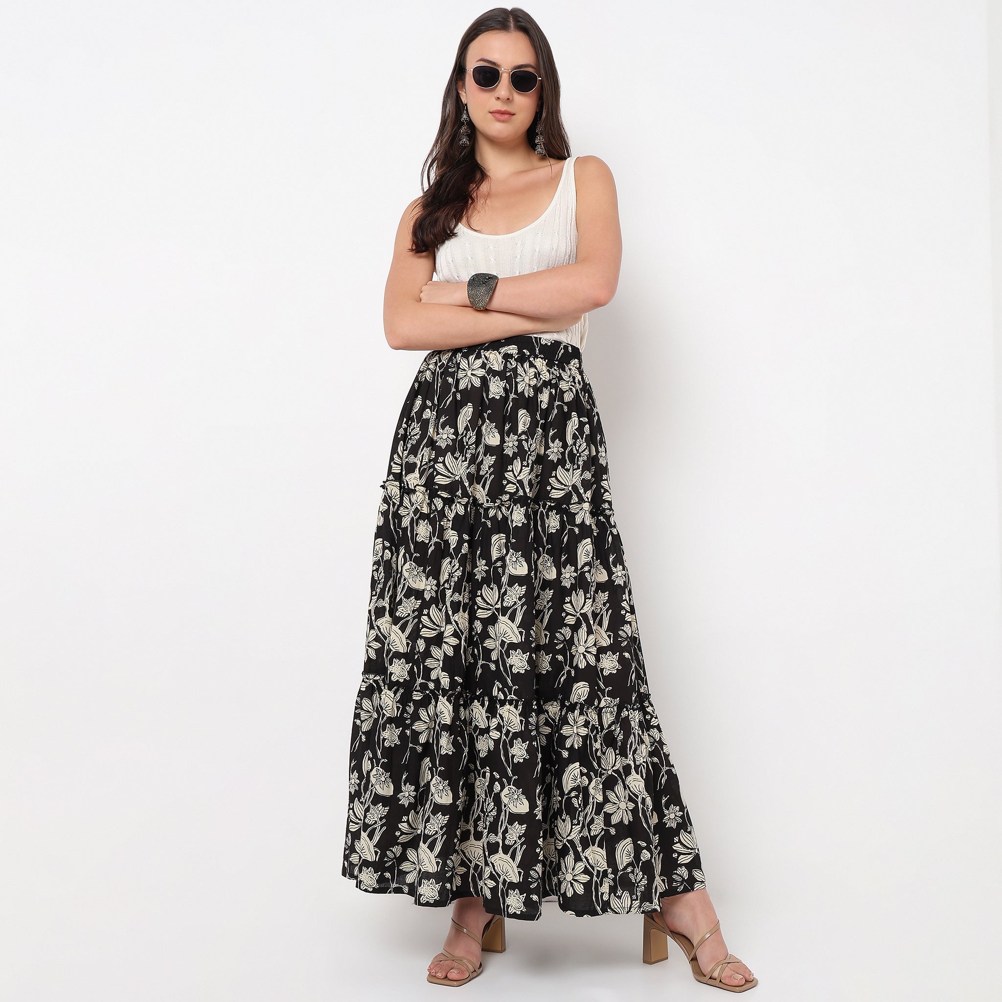 Flare Fit Mid Rise Printed Skirt